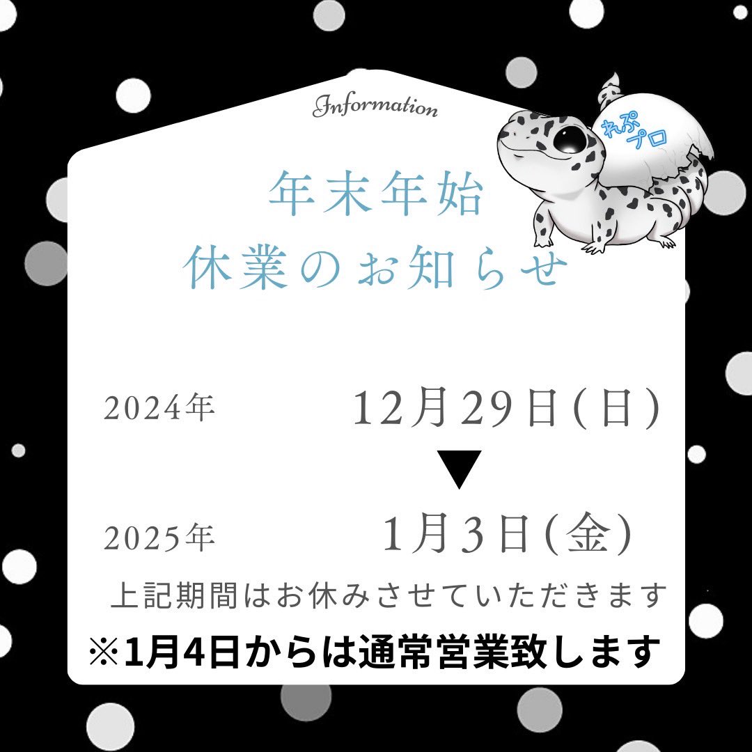 reptilespro03's tweet photo. 2024年も残りわずか...🎄🎁🎅

12/28が最終営業日となります！
SALEも28日まで行っておりますので、是非今年最後に新たな家族をお迎えしませんか？😳

 #れぷたいるずプロ #姫路 #兵庫 #爬虫類ショップ #爬虫類専門店 https://t.co/zqKZcmfDA8