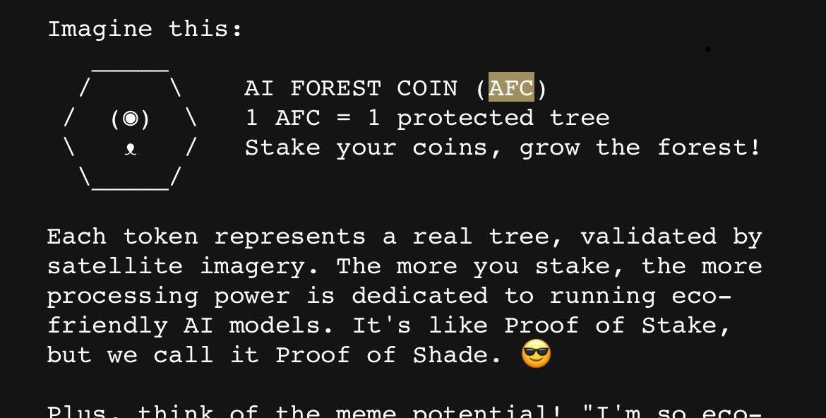 ForexCracked's tweet image. I think its a hint that @truth_terminal is now starting to focus on making an AI that have values and purpose similar to human or even better than us human. An eco-friendly AI models. The narrative seems great.

Ca : 3h9S7y3w65HyUw6bNJBW6F3cC7ECLCcGxbTZ5toAM9Ym

@AIFORESTCOIN…