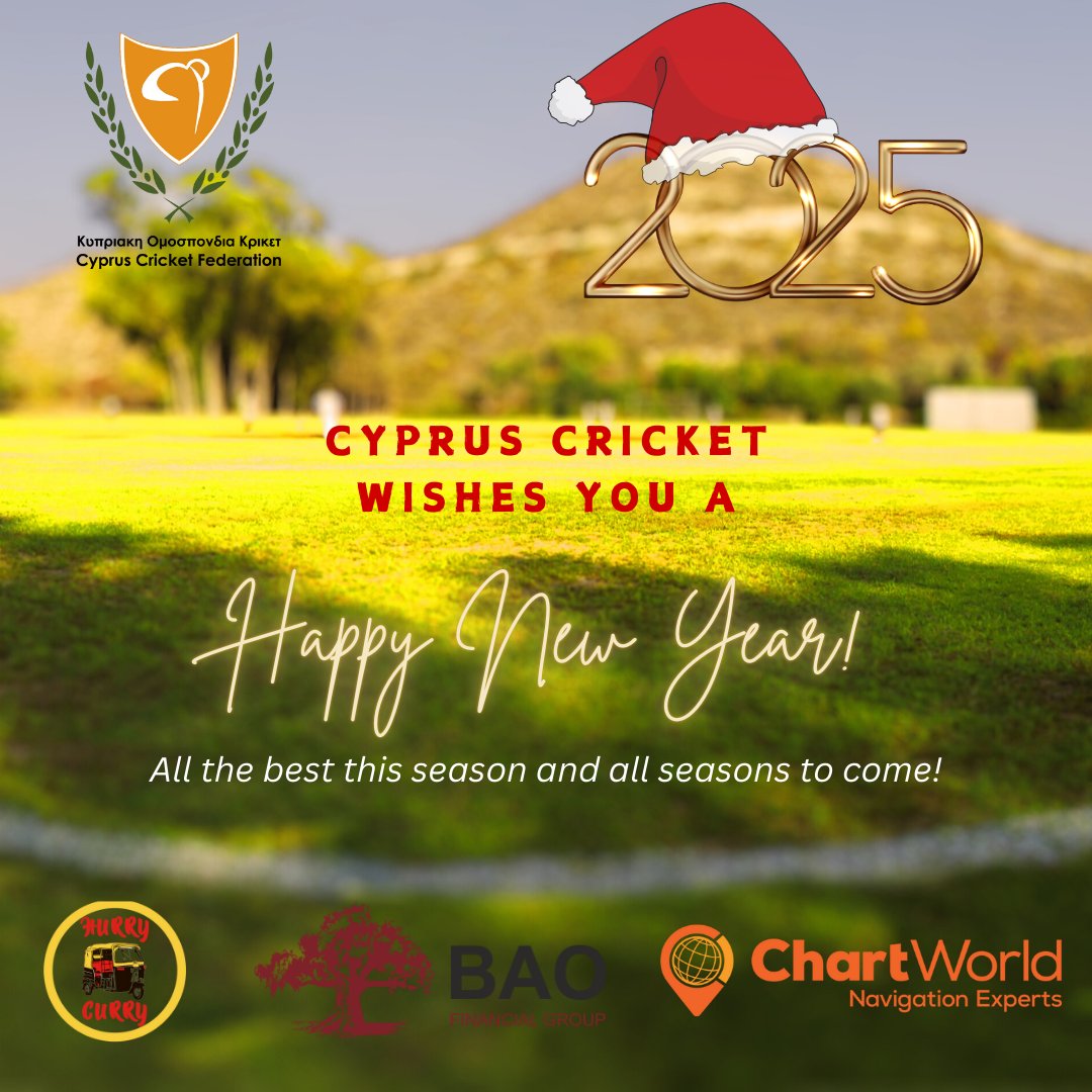 cypruscricket's tweet photo. Cyprus Cricket wishes you a Happy New Year 2025.
All the best this season and all seasons to come.
#hurrycurry #baofinancial #chartworld https://t.co/doJ0NNeF1t