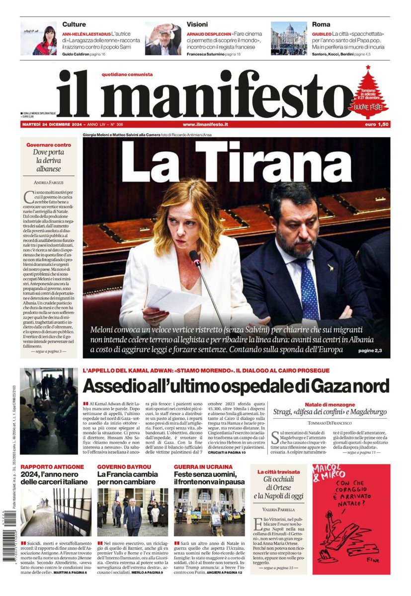 Meloni convoca un veloce vertice ristretto (senza Salvini) per chiarire che sui migranti non intende cedere terreno al leghista e per ribadire la linea dura: avanti sui centri in Albania a costo di aggirare leggi e forzare sentenze. Contando sulla sponda dell’Europa
#24dicembre