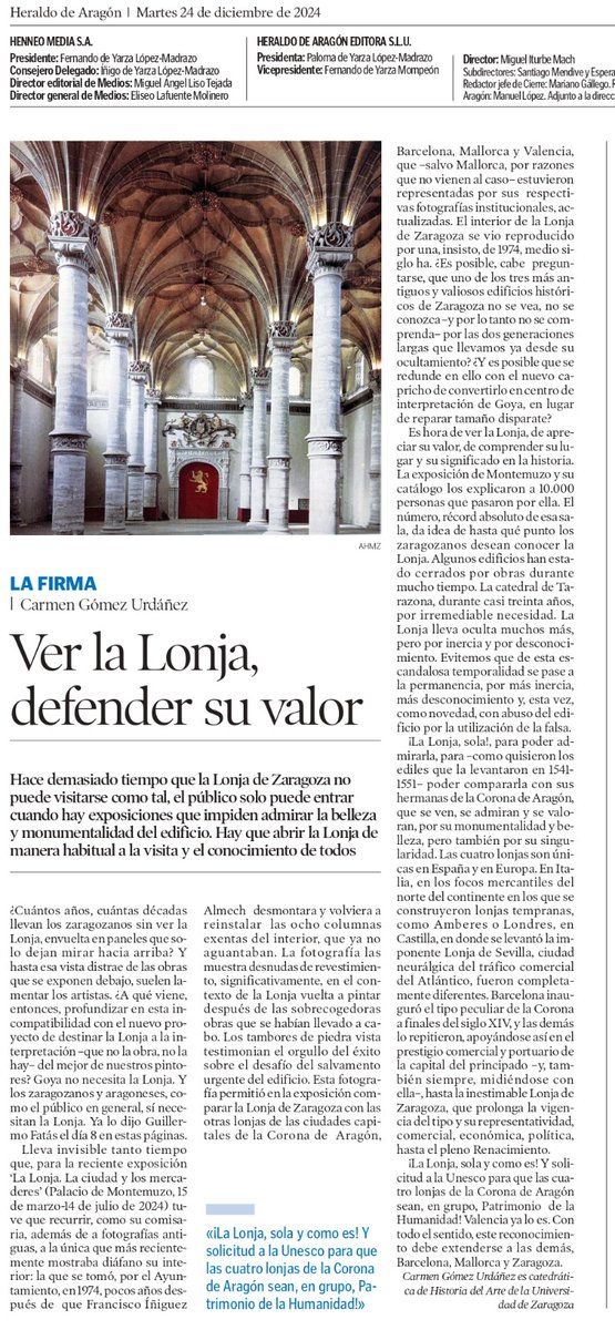 LA LONJA DE #ZARAGOZA ESTÁ EN PELIGRO GRAVE

#salvemoslalonja 
#lalonjanosetoca 

Como hoy es #Nochebuena Papá Noel nos ha traído un regalo, este artículo de Carmen Gómez (catedrática de Historia del Arte de la Universidad de #Zaragoza, la máxima experta en el Renacimiento