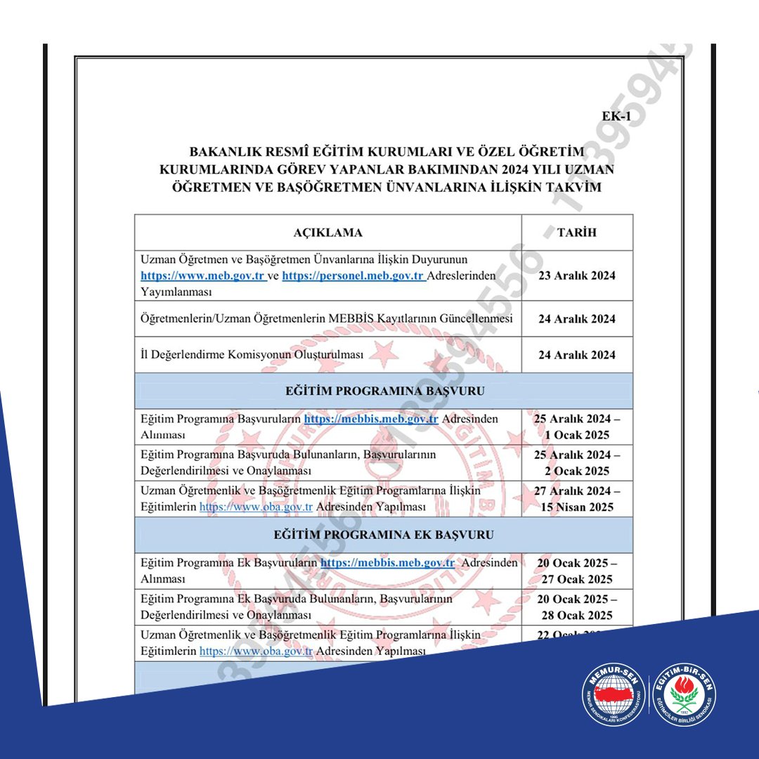 Millî Eğitim Bakanlığı tarafından hazırlanan “2024 Yılı Öğretmenlik Mesleği Kariyer Basamakları Kılavuzu” yayımlandı.

📌 Eğitimler, 27 Aralık 2024-15 Nisan 2025 tarihlerinde ÖBA üzerinden uzaktan yapılacak.
📌 Başvurular, 25 Aralık 2024-1 Ocak 2025 tarihlerinde MEBBİS üzerinden