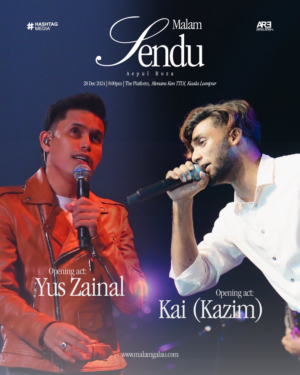 Yus Zainal serta Kai (Kazim) akan membuka pentas acara #MalamSenduAepulRoza pada hari Sabtu ini di The Platform, Menara KEN TTDI!

Tiket masih available di malamgalau.com, hanya tinggal 3 kategori sahaja lagi! DIAMOND &amp; BRONZE dah sold out!
