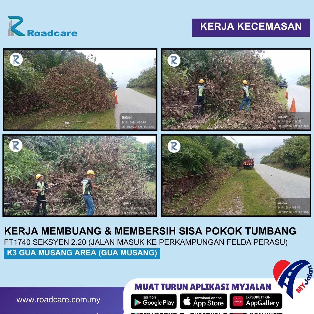 Kerja membersih dan membuang sisa pokok tumbang di FT1740 Jalan masuk perkampungan Felda Perasu, Jajahan Gua Musang oleh #teamroadcare 

<a href="/jkrguamusang/">JKR Gua Musang</a> 
<a href="/BhgJalan_Kelate/">Bhg Jalan JKR Kelantan</a> 
<a href="/IPJKR_Official/">JKR Malaysia Rasmi</a> 
<a href="/ZTTCSFJ/">ZTT CSFJ</a> 
<a href="/JKRKelantan/">ᴊᴋʀ ɴᴇɢᴇʀɪ ᴋᴇʟᴀɴᴛᴀɴ</a> 
<a href="/Roadcare_HQ/">ROADCARE (M) SDN BHD</a> 
<a href="/Roadcare_Kelntn/">ROADCARE WILAYAH KELANTAN</a>