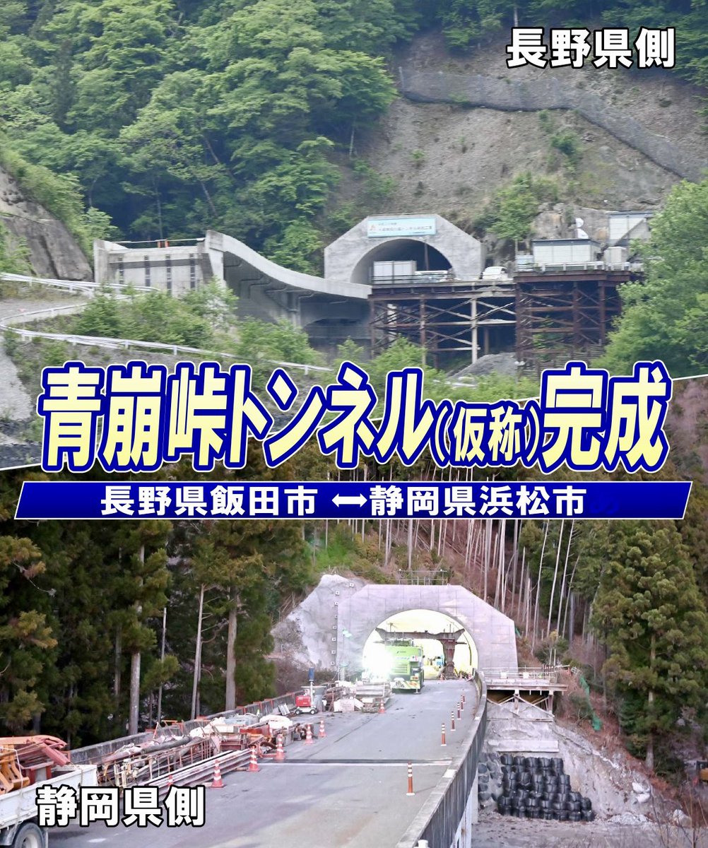 sanen_nanshin_R's tweet photo. 【青崩峠道路】
飯田〜浜松を結ぶ三遠南信自動車道 青崩峠道路の青崩峠トンネル（仮称）本坑が完成しました❗️
開通に向けて、引き続き電気設備���どの工事が進められるようです。

（国土交通省発表）
https://t.co/cggC7IZvdX https://t.co/IGFrR6MRrk