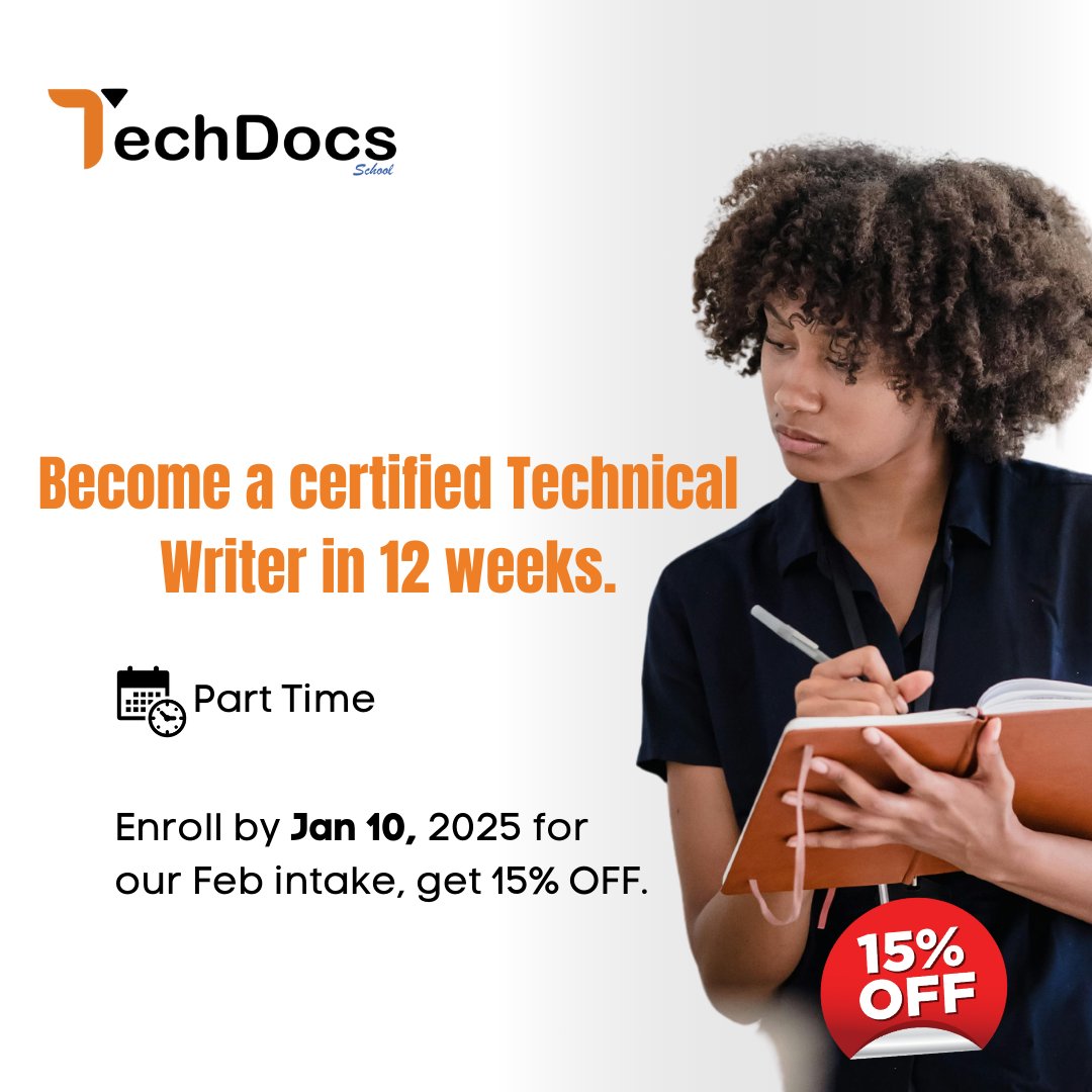 TechDocsSchool's tweet image. 🔄Switch to Tech in 2025!
Join our Technical Writing online course. Enroll by Jan 10, 2025 for our Feb intake, get 15% OFF.
Visit techdocs.school
#TechnicalWriting #FebIntake #CareerGrowth