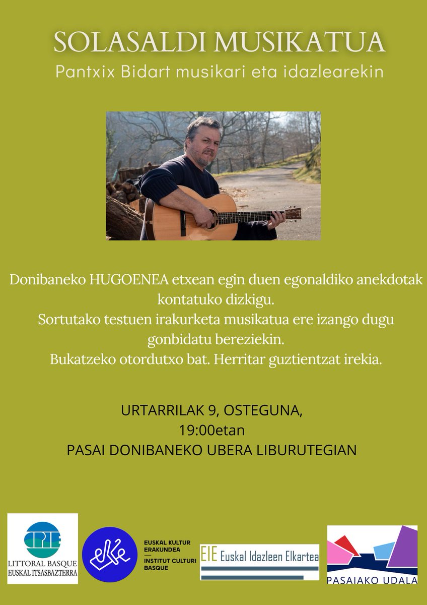 🗣📖🎼Solasaldi musikatua Pantxix Bidart musikari eta idazlearekin.

📆Urtarrilaren 9an. 
📍Donibaneko liburutegian.
🎟 Sarrera librea.

🔗 Informazioa: labur.eus/xhwpd 

#Donibane