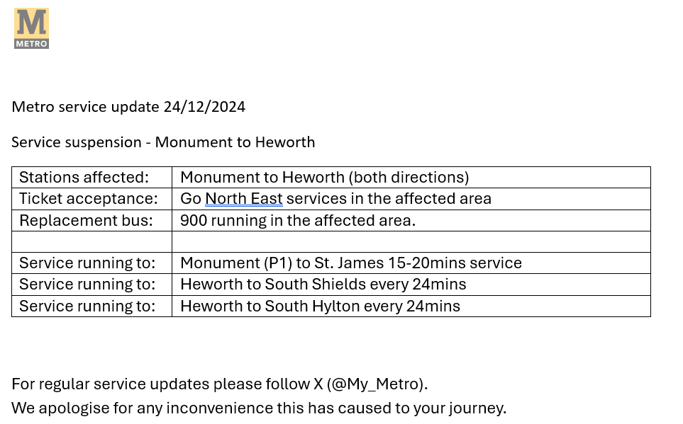Metro Service- Christmas Eve 🎄
Platform 1 train times nexus.org.uk/sites/default/…

Platform 2 train times nexus.org.uk/sites/default/… 

Bus replacement Heworth to Monument: nexus.org.uk/sites/default/…

Bus replacement Monument to Heworth: nexus.org.uk/sites/default/…

Check before you travel ^ES