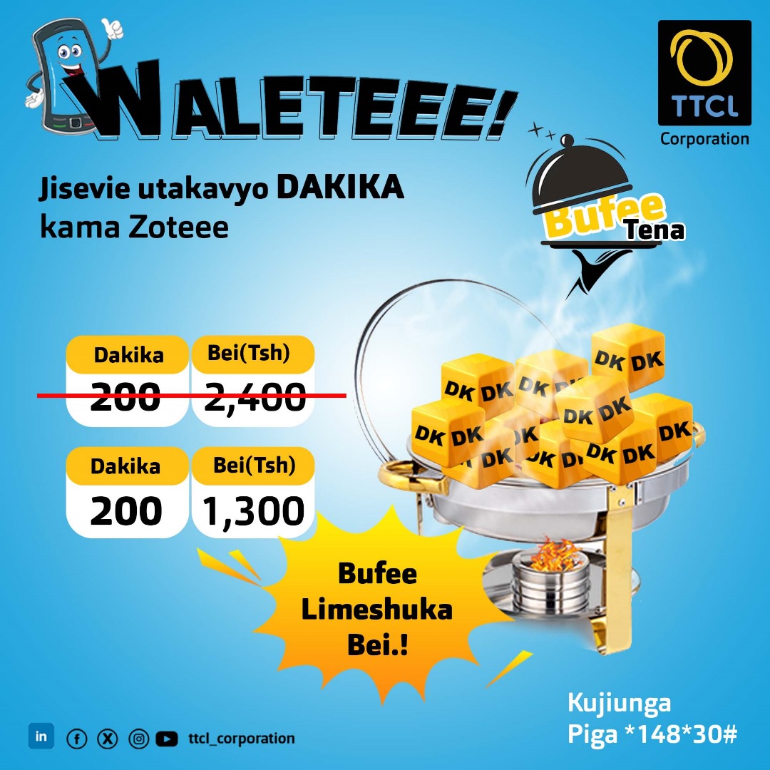 TTCLCorporation's tweet photo. Katika msimu wa Sikukuu usikose Mawasiliano, kifurushi cha #Bufee kinakupa Dakika kama zote
Kujiunga piga *148*30#
#Waletee,#Bufeetena,#Dakika,#Uhakika https://t.co/zqNa8fW92I