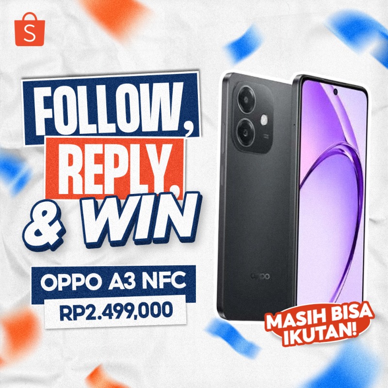 ShopeeID's tweet photo. ✨ GIVEAWAY COUNTDOWN TO 2025 ✨

Kesempatan TERAKHIR buat dapetin OPPO A3 NFC nih! Mau?

Caranya:
- FOLLOW @ShopeeID
- RT tweet ini
- KLIK banner di bawah ini + screenshot
- REPLY best purchase kalian di Shopee tahun ini!

GOOD LUCK!