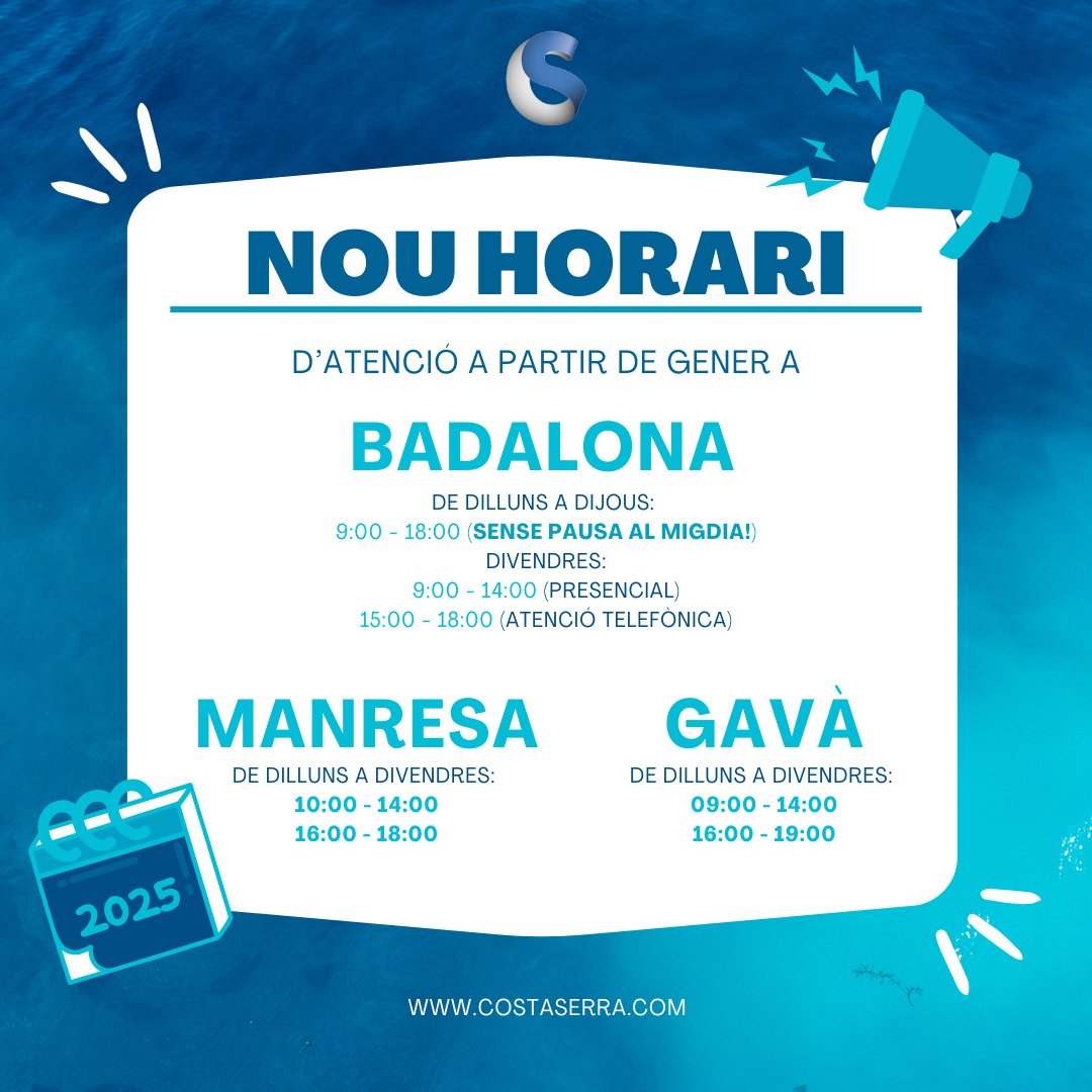 costaserrasl's tweet photo. 📢 Nous horaris 2025! 🕒

A partir de l’any vinent, estarem aquí per ajudar-te a les nostres oficines de Badalona, Manresa i Gavà.

💬 Contacta'ns o vine a la teva oficina més propera. T'esperem! 🙌

#Horaris2025 #AtencióPersonalitzada #SempreAmbTu https://t.co/IFWUyoxwYD