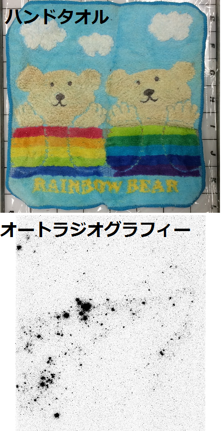 sunbaiman's tweet photo. 帰還困難区域内の家屋内に布を長時間置いておくと下記のようなオートラジオグラフィが容易に取れるのですが，野外活動後のN95マスク上の斑点とは少し様子が異なる．パイル地の布と不織布の違いかしら... https://t.co/I3G6dCAcYu