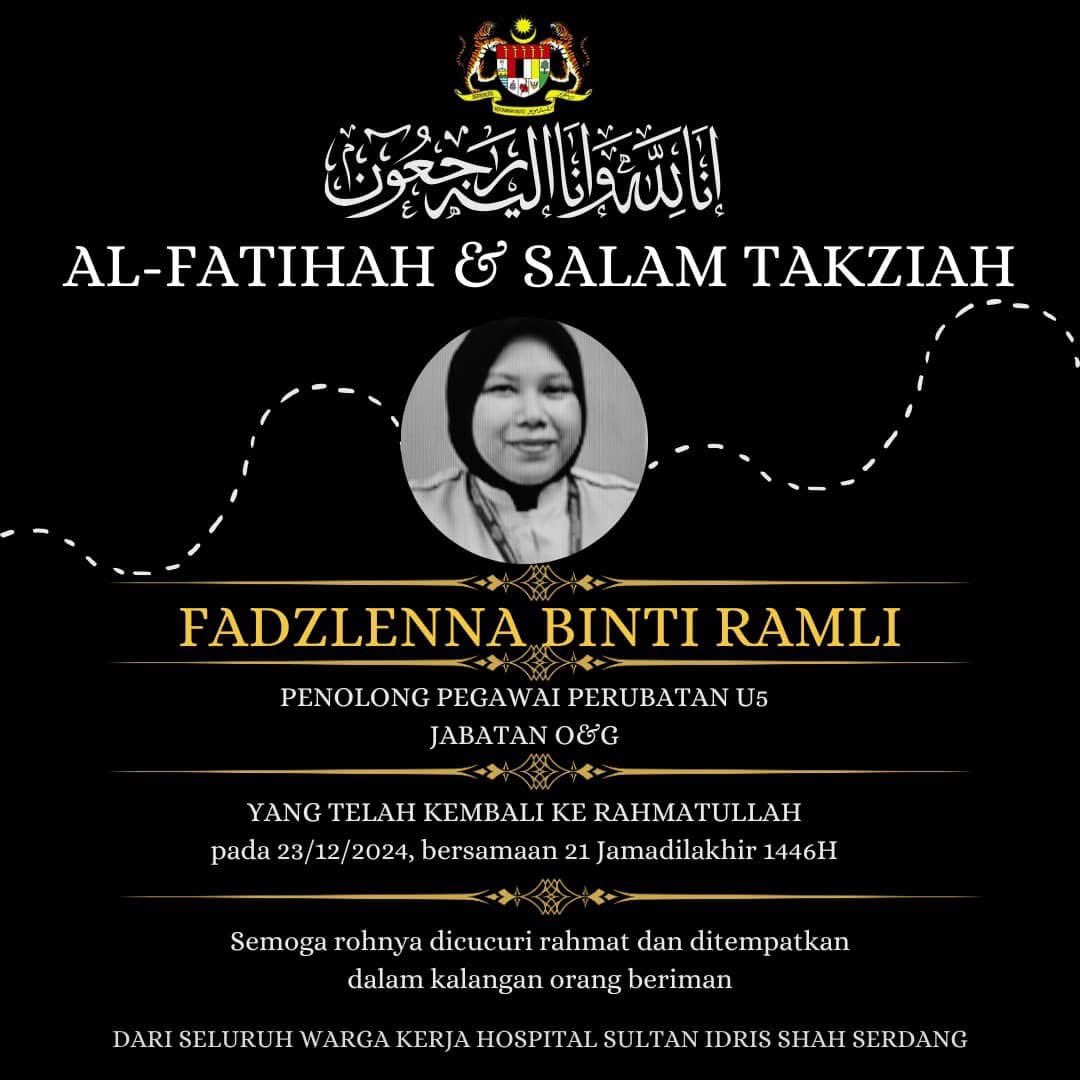 DrDzul's tweet photo. Salam Madani Semua 🌹🇲🇾

Sedih-pilu untuk saya maklumkan salah seorang mangsa dalam kemalangan berdekatan R&R Ayer Keroh, yang meninggal dunia adalah kakitangan Kementerian Kesihatan Malaysia, AlLahyarhamah Fadzleena bt Ramli, seorang Penolong Pegawai Perubatan di Jab Obstetrik& Ginekologi, Hospital  Sultan Idris Shah, Serdang. 

Al-Marhumah bersama suami, anak dan kedua ibu bapa di antara mangsa yang meninggal dunia dalam kemalangan tragis ini.

Semoga ruhnya & semua yang terkorban dalam kemalangan ini diampuni dan dirahmati serta dihimpun bersama yg beriman dan yg soleh/solehah
oleh  AlLah Azza Wajalla..
Aamiin Aamiin Aamiin YRA.🤲🌹

Saya & Timb Menteri serta seluruh Pengurusan Tertinggi & Warga besar KKM merakamkan ucapan Takziah kpd keluarga AlLahyarhamah serta keluarga yg turut kehilangan insan-insan yg tersayang. 🌹🌹