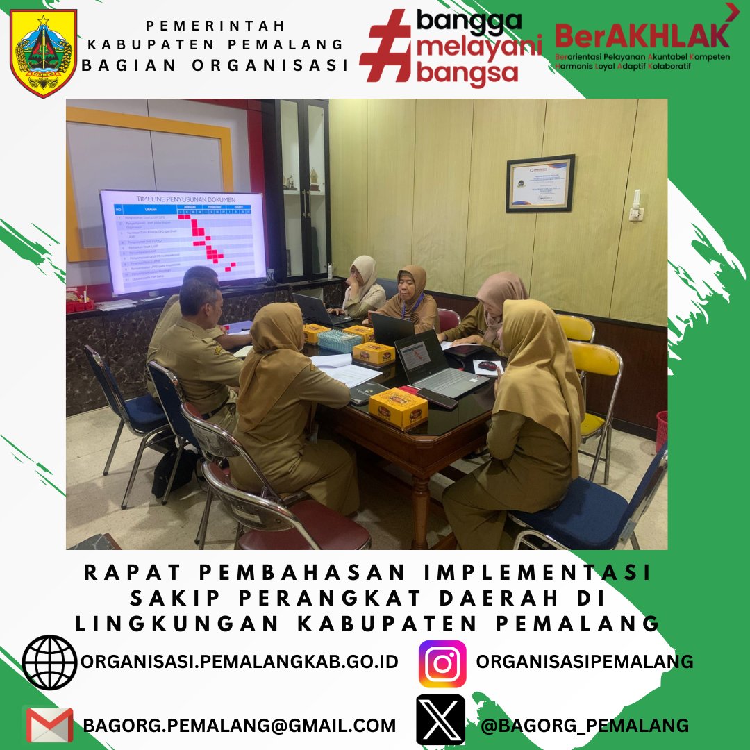 Senin 23 Desember 2024, Dalam rangka peningkatan SAKIP telah diselenggarakan Rapat Pembahasan Implementasi SAKIP Perangkat Daerah di Lingkungan Kabupaten Pemalang. Kegiatan dipimpin oleh Kepala Bagian Organisasi Setda Kab. Pemalang Titik Widyastuti, S.Sos.,M.Si