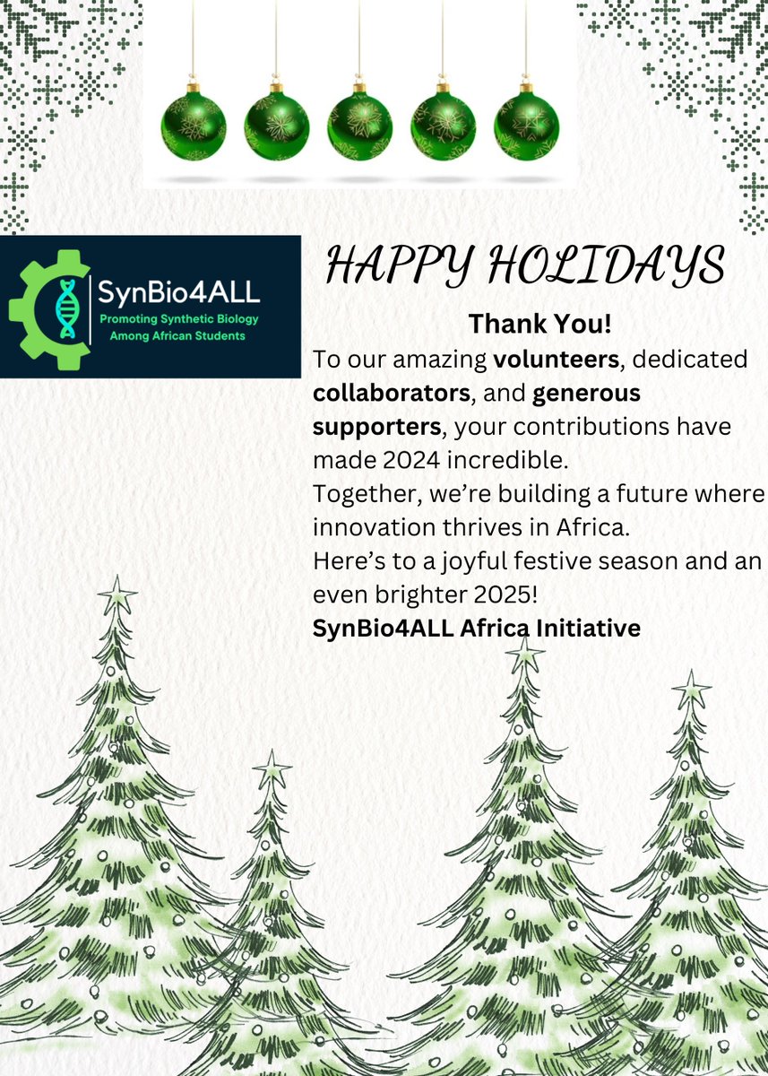 SynBio4ALL Africa (@synbio4alla) on Twitter photo Season’s Greetings from <a href="/Synbio4allA/">SynBio4ALL Africa</a>!
We’re celebrating a year of #innovation, #collaboration, and #impact, thanks to YOU! Let’s keep building together in 2025.
👉 What are your hopes for the new year? Share in the comments!
🎄 #SynBio4ALLAfrica #HappyHolidays Season’s Greetings from <a href="/Synbio4allA/">SynBio4ALL Africa</a>!
We’re celebrating a year of #innovation, #collaboration, and #impact, thanks to YOU! Let’s keep building together in 2025.
👉 What are your hopes for the new year? Share in the comments!
🎄 #SynBio4ALLAfrica #HappyHolidays