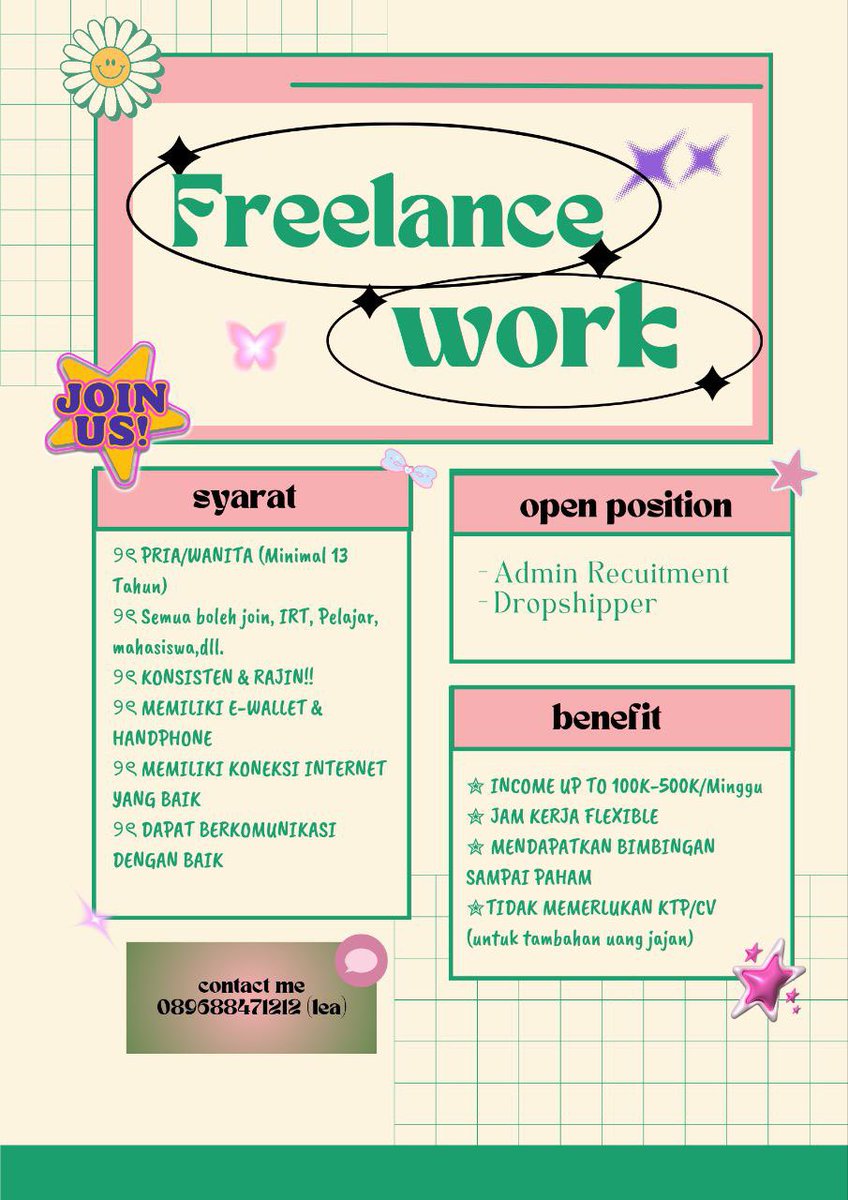 halo semuaa! kita open recruitment freelance wfh ⭐️‼️

syarat nya apa ajaa sih😦⁉️
꩜ minimal usia 13 tahun
꩜ wajib punya rekening/e-wallet untuk nerima fee nya! 

 yukk langsungg dm/ wa aku buat tau detail jobdesk nya! 💌

#infofreelance #lokerwfh #jobreceh #jobwfh #zonauang
