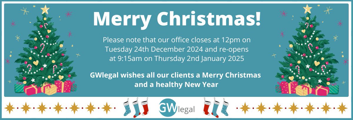 From everyone here at GWlegal, we would like to wish you all a very #MerryChristmas and a #HappyNewYear 🎄🎅

We are now closed and will re-open at 9:15am on Thursday 2nd January 2025 📆

For more information on the our #services, please visit ➡️ ow.ly/Qyr250Uq0Al

#LawFirm