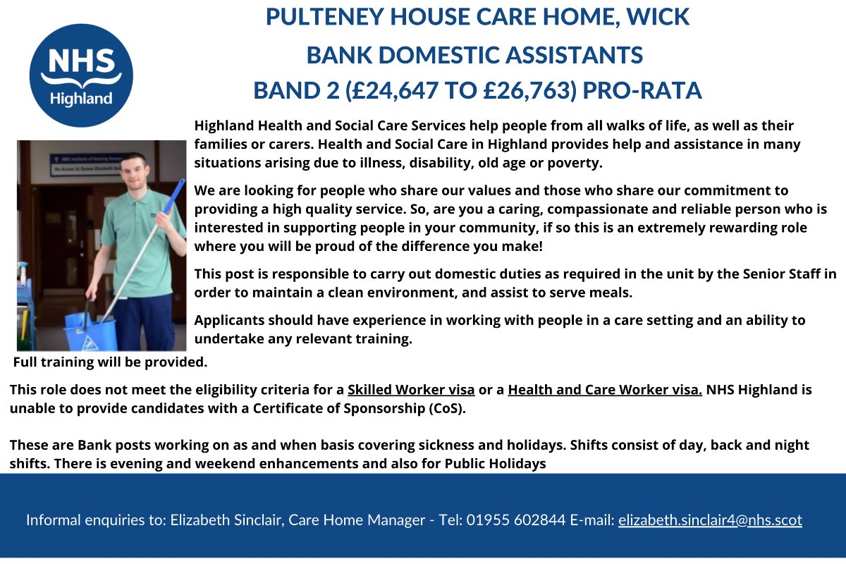 ⭐Bank Domestic Assistants, Pulteney House, Wick⭐ 

Closing date:- Sunday 12th January 2025

Apply here: apply.jobs.scot.nhs.uk/Job/JobDetail?…