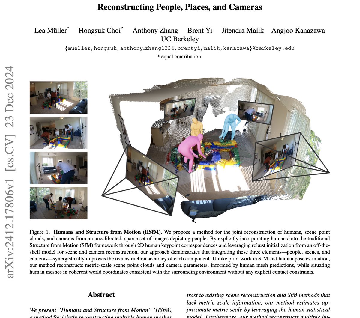 - Humans and Structure from Motion -

We jointly reconstruct 3D humans, scene point cloud, and cameras from images captured with sparse uncalibrated cameras.

✨Enjoy reading &amp; happy holidays✨

Project page: muelea.github.io/hsfm