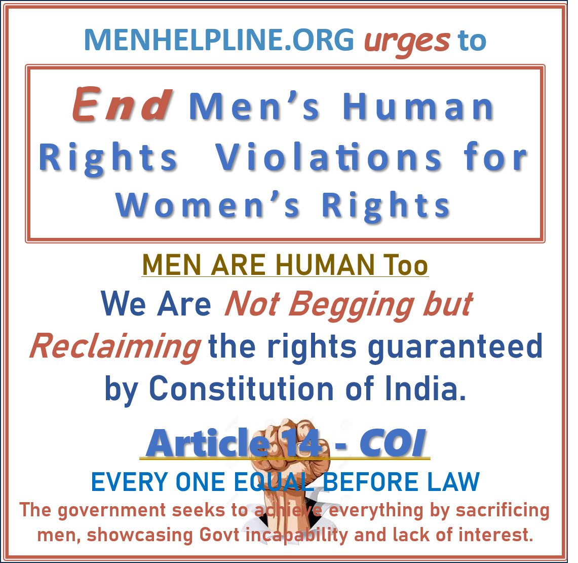 menhelpline's tweet photo. Govt. want to achieve everything by sacrificing men, which indicates Govt incapability N lack of interest. Rather empowering system, all obligations has been thrown on men. #MenRHumanToo #MensRights #MenToo #AtulSubhash #JusticeIsDue @HMOIndia @PMOIndia @MLJ_GoI #SupremeCourt https://t.co/nZPq0yVpiU