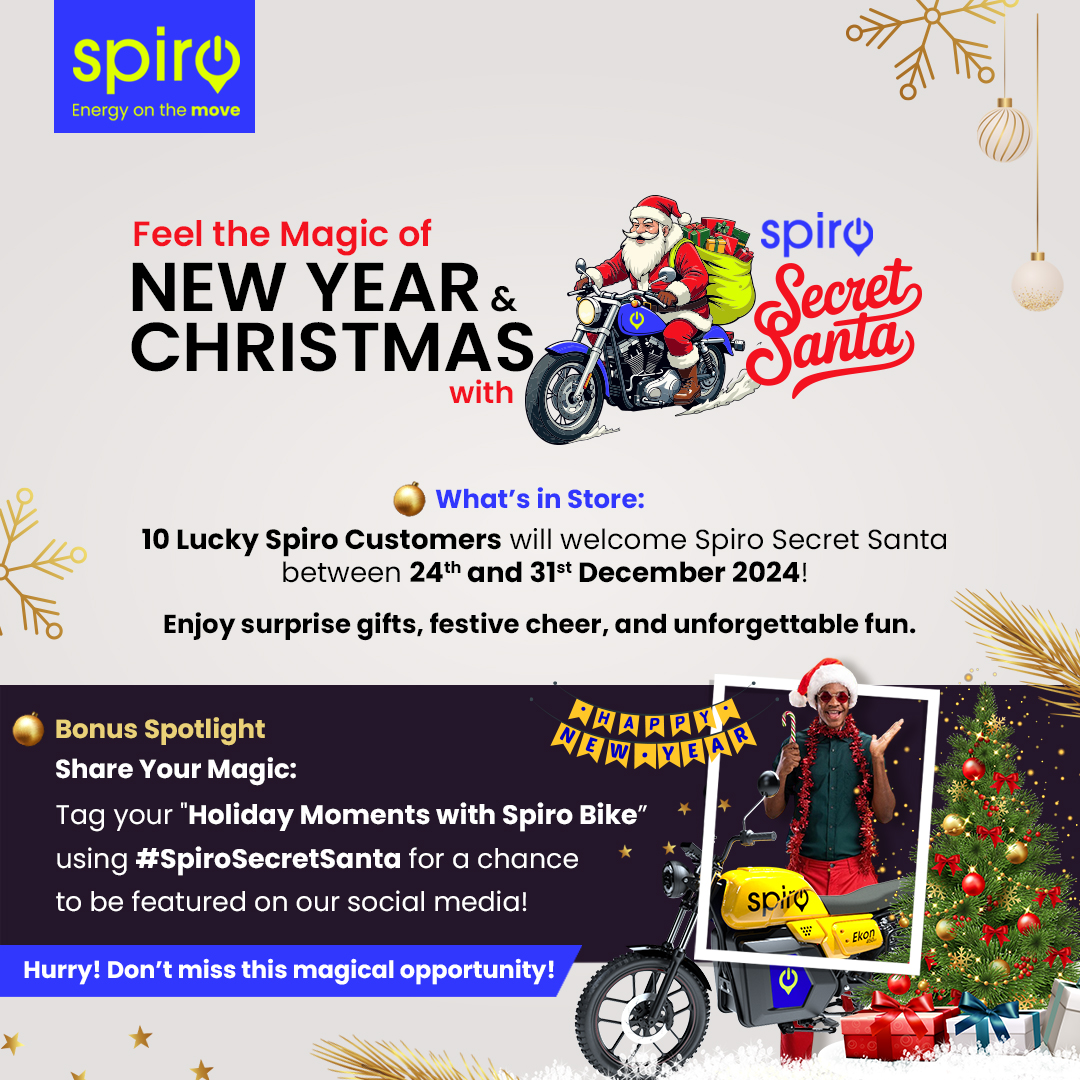spirokenya's tweet photo. 🎅🎁 It’s that time of the year! Join #SpiroSecretSanta and stand a chance to receive festive surprises between 24th-31st December!

🎄 Tag your “Holiday Moments with Spiro Bike” using #SpiroSecretSanta for a chance to be featured! 🏍️✨

#Christmas #SpiroMagic #SecretSanta https://t.co/48gUQraHGB