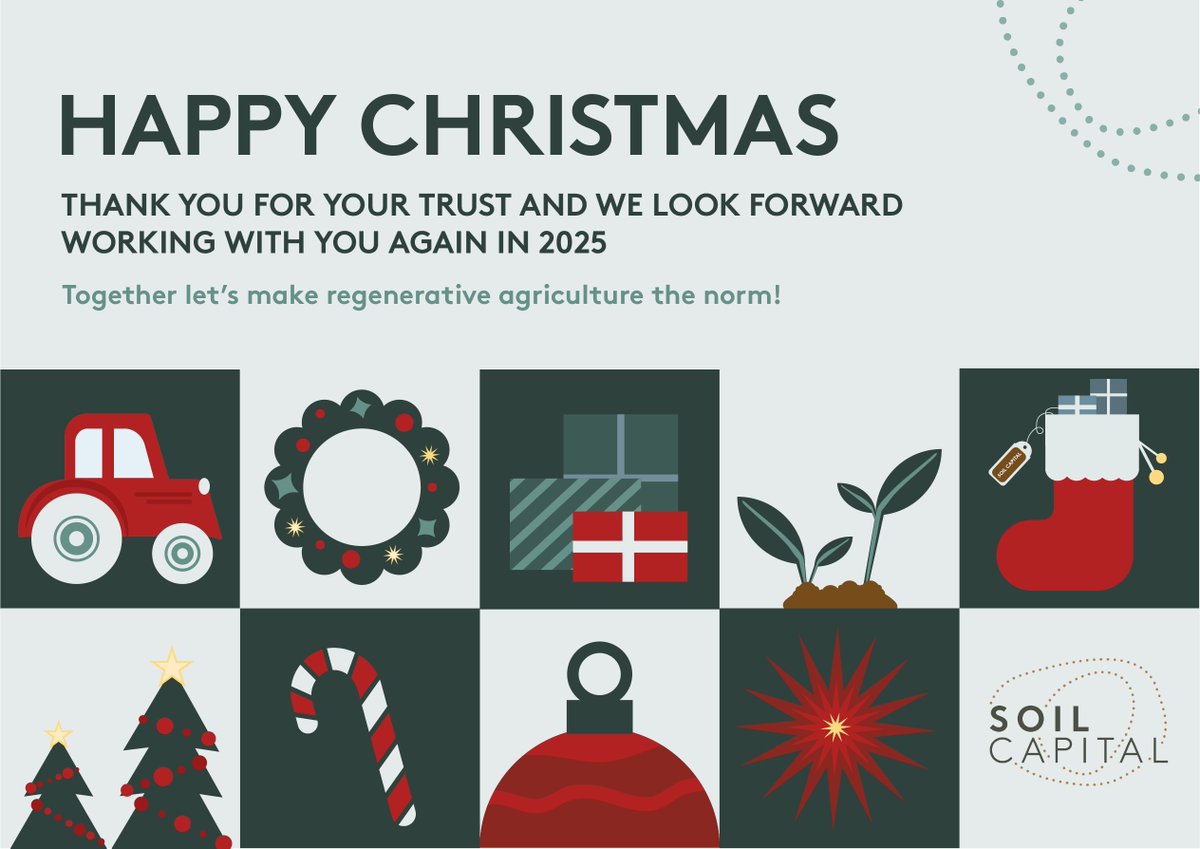 As 2024 ends, we salute farmers tackling rising costs, market volatility, climate shocks &amp; soil degradation 🌍.

Proud to support regenerative agriculture 🌱—restoring soils, boosting biodiversity &amp; building resilience.

Thank you &amp; happy holidays from Soil Capital ! ✨