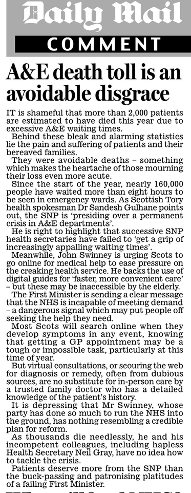 GrahamGGrant's tweet photo. ✍️ From today’s leader column: The shame of avoidable A&E deaths #SNP #NHS Read more on #MailPlus 👉 https://t.co/QPpE5kpkHZ https://t.co/PcQtAxlH0I