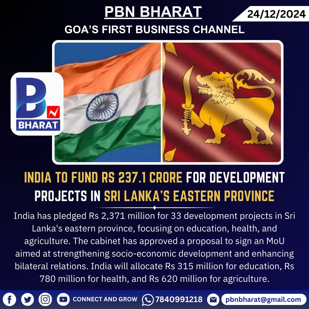 PBNBHARAT's tweet image. #PBNBHARAT :India to Fund Rs 237.1 Crore for Development Projects in Sri Lanka&apos;s Eastern Province

#IndiaSriLanka #DevelopmentAid #BilateralRelations #SriLanka #Education #Health #Agriculture #Infrastructure #CommunityEmpowerment #Goa #goabusiness #businesschannel #newsupdates