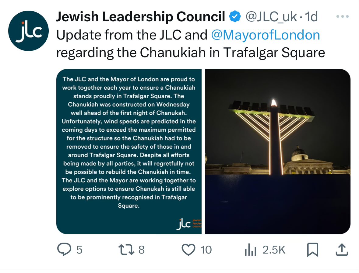 It is amazing how <a href="/thisisheart/">Heart</a> radio can report the Chanukah in Trafalgar Square has blow down on their 9am news report, yet it was reported yesterday it had been removed for safety reasons!

Can news companies just make things up and report them. 

<a href="/JLC_uk/">Jewish Leadership Council</a> <a href="/MayorofLondon/">Mayor of London, Sadiq Khan</a>