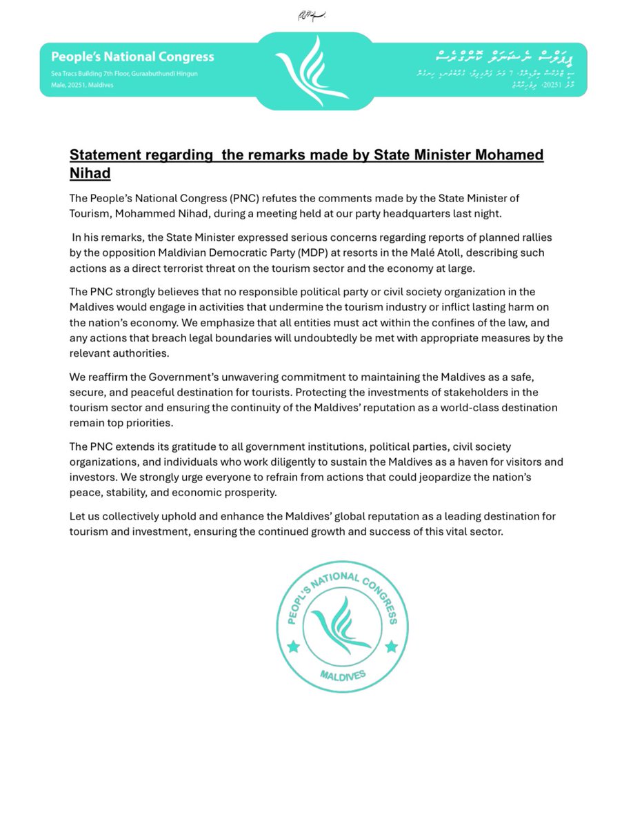 Press Release - Congress Party’s Statement regarding  the remarks made by State Minister Mohamed Nihad.

#PressRelease 
#DhiveheengeRaajje 
#CongressPartyMV