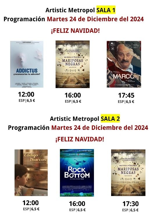 artmetropol's tweet photo. Nuestra programación para hoy martes 24
SALA 1
#Addictus
#Marco
SALA 2
#CódigoMarcos
#rockbottom
#MariposasNegras
Entradas a la venta en
https://t.co/ZFuGBrhBLc https://t.co/s9Ap3b0Wm8