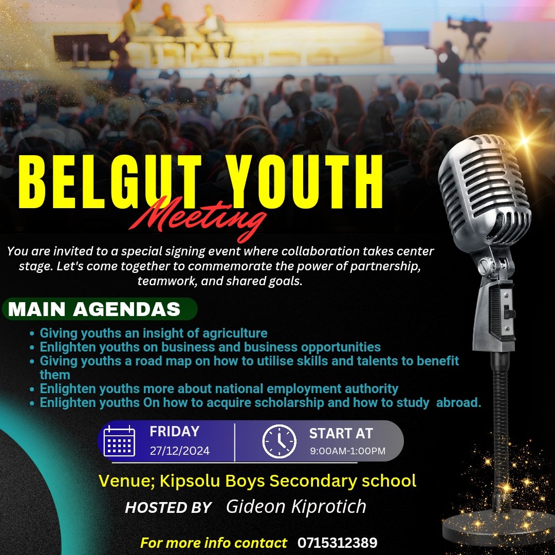 EngFelix_035's tweet photo. 📢 Reminder to All Youths in Belgut! 📢
This year’s theme is "Empowering Belgut Youths for Growth and Opportunity."
🗓 Date: 27th December 2024
📍 Venue: Kipsolu Boys Secondary School
💬 Theme: Empowering Belgut Youths for Growth and Opportunity
Welcome all. https://t.co/QMCebQISWy