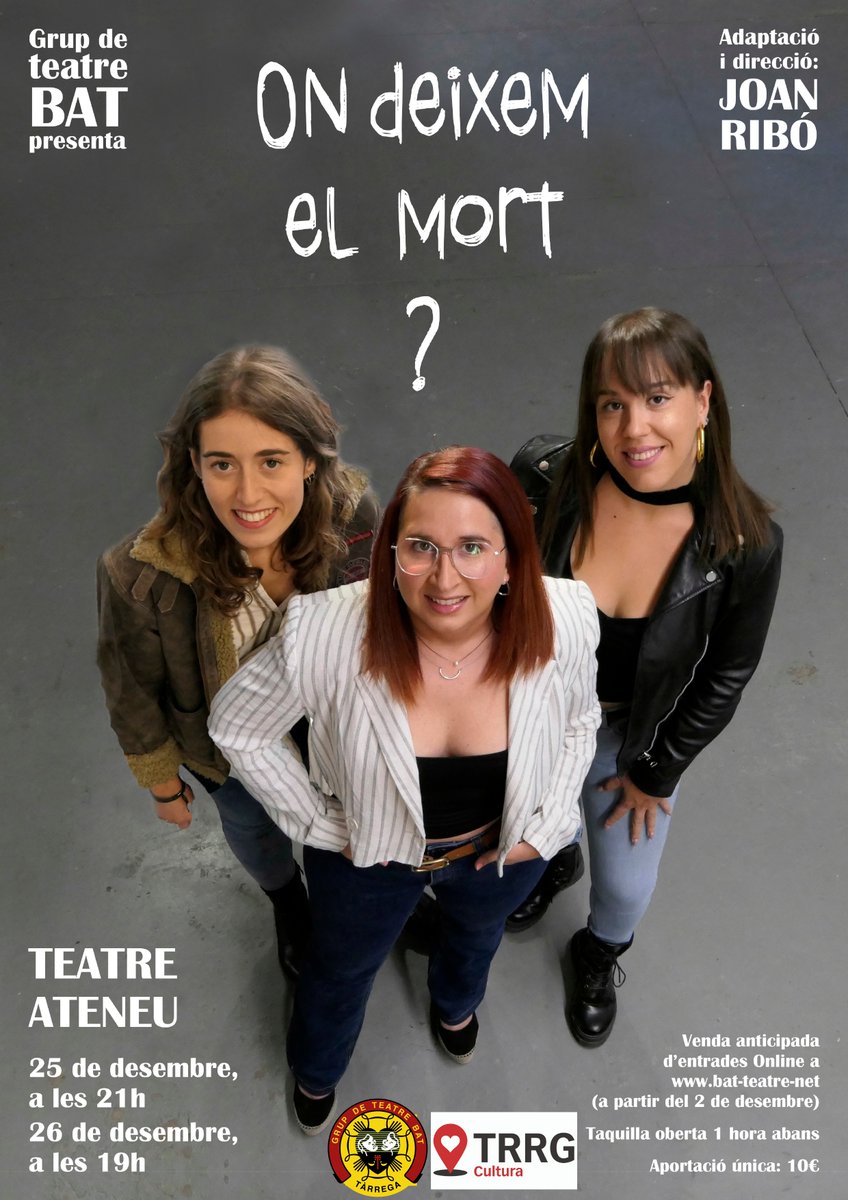 Sònia Balcells, Alba Martínez i Marta Berzosa són les protagonistes de l'obra de teatre d'aquest Nadal de <a href="/batteatre/">BatTeatre</a>.
Una comèdia dirigida per Joan Ribó que podeu veure avui dimecres 25 de desembre (21h) i demà dijous 26 de desembre (19h), al Teatre Ateneu de #Tàrrega.