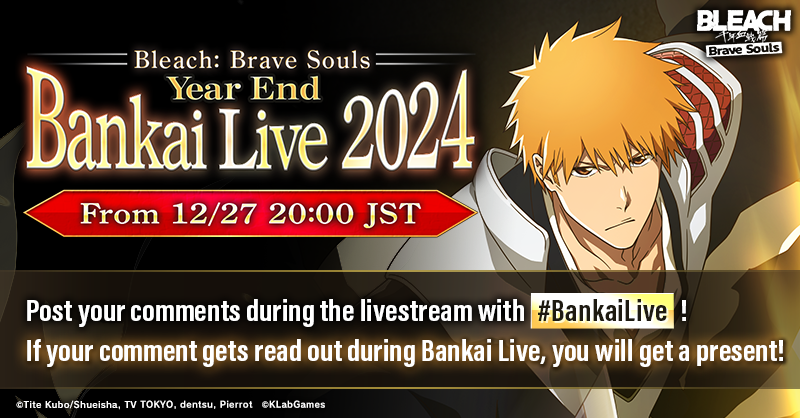 bleachbrs_en's tweet photo. The Bleach: Brave Souls Year End Bankai Live 2024 starts today from 8:00 PM JST! Post out with #BankaiLive to join in on the fun! 

Watch here: https://t.co/m6RgIfgveL

#BraveSouls https://t.co/LR14oisC0q