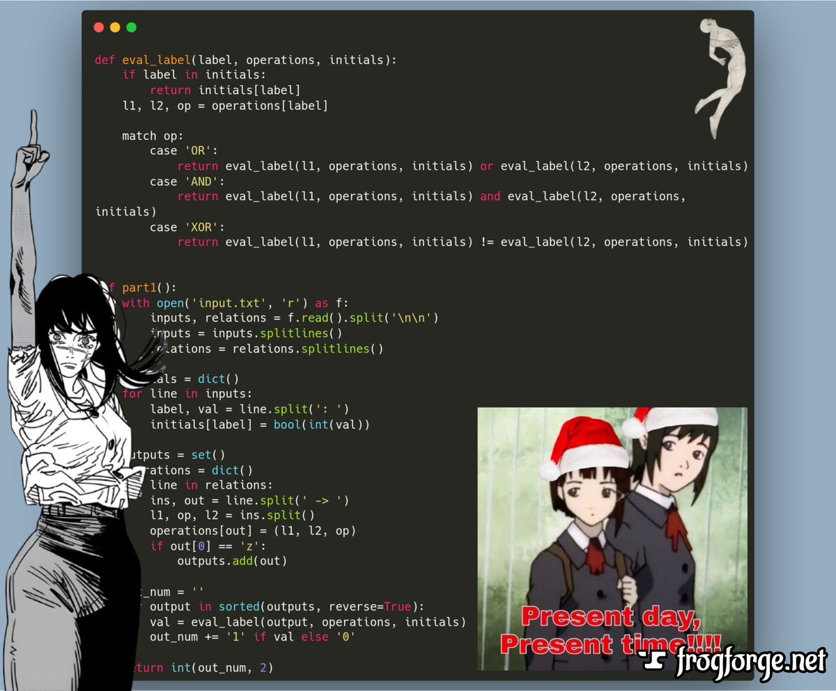 kosa12m's tweet image. gm for everyone, merry christmas and happy holidays

&amp;gt; woke up
&amp;gt; shitpost is at 85k view
&amp;gt; triple digit followers
&amp;gt; solved aoc day24 (this part2 was a bitch)

spoiler for aoc day24 part1:
#AdventOfCode