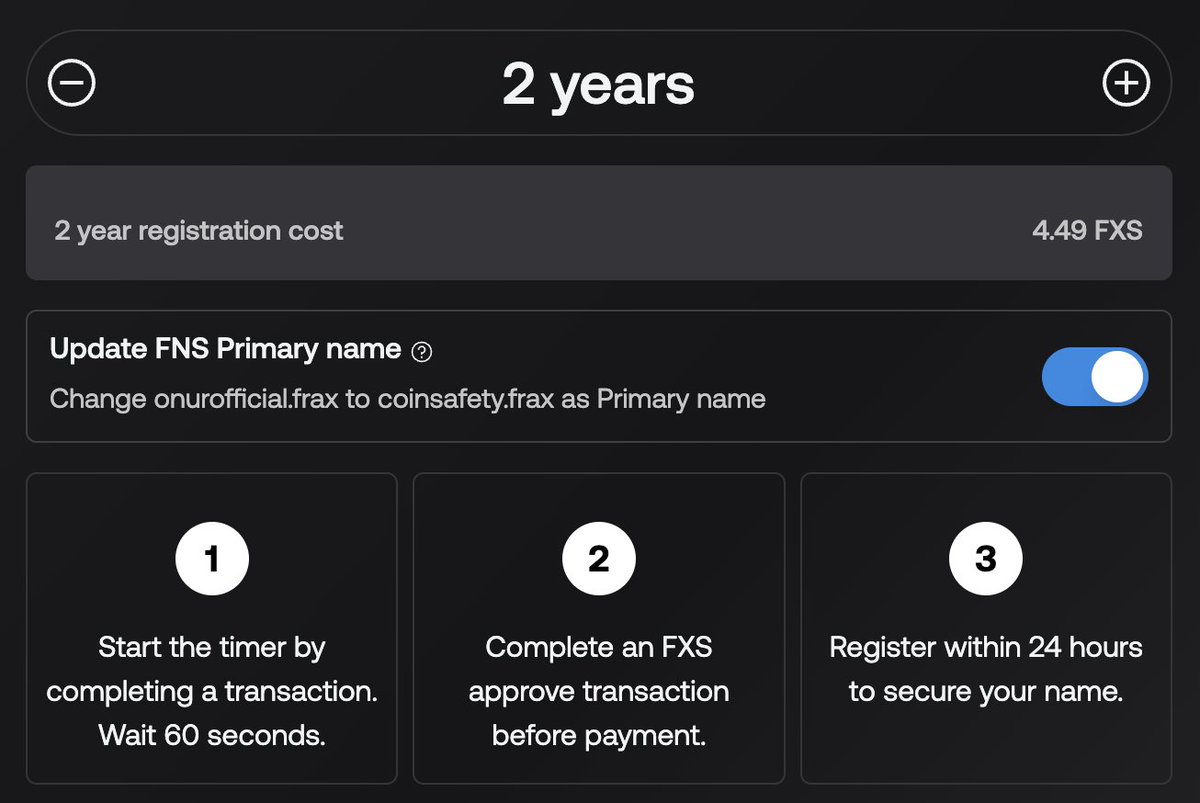 CoinSafety's tweet photo. ▪️FNS

Dilediğimiz alan adını $FXS karşılığında kayıt ediyoruz. En az 2 yıl seçiyoruz.

⚠️ Farklı platformların daha önce en az 2 yıllık alan adı kaydını koşul olarak belirlediğini hatırlatmakta fayda var.

2 yıllık FNS kayıt ücreti: 4.49 $FXS

🔗 https://t.co/qpTZqISHQ3 https://t.co/HUL3UvEU9Z