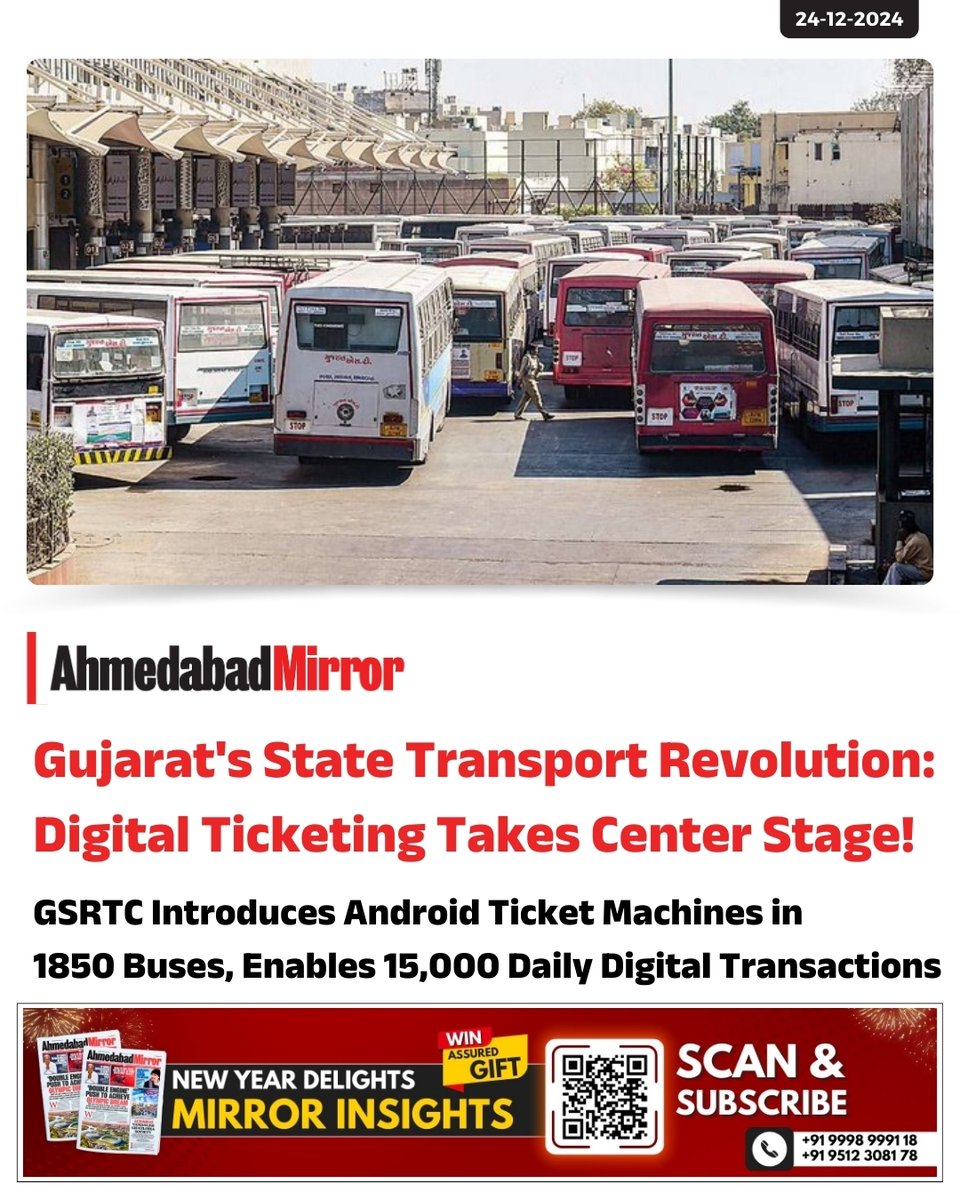 ahmedabadmirror's tweet photo. In a major push towards digitalization, the Gujarat State Road Transport Corporation (GSRTC) has successfully introduced Android Ticket Machines (ATMs) in over 3000 buses across four divisions—Ahmedabad, Rajkot, Jamnagar, and Junagadh.
#GSRTC #DigitalTicketing #TicketMachine https://t.co/XBZAA2wKGB