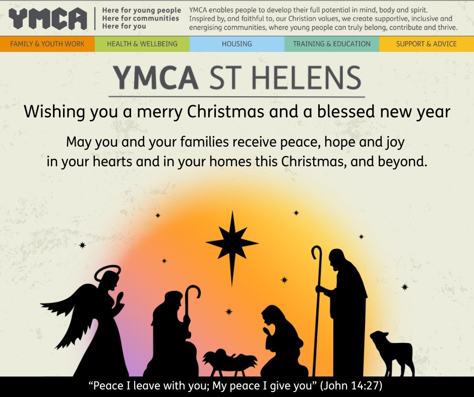All at YMCA St Helens wish you a Merry Christmas and a Happy New Year.

We would also like to thank all our staff for all they have done this year, with an extra thankyou to those whom are working over this holiday season.