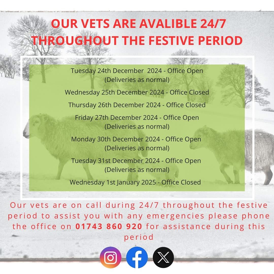Don’t forget we are still here for you over the festive period, just give us a call on 01743 860 920 ☎️🎄🎅🏼

#FarmVets #Shropshire #SFV #MerryChristmas