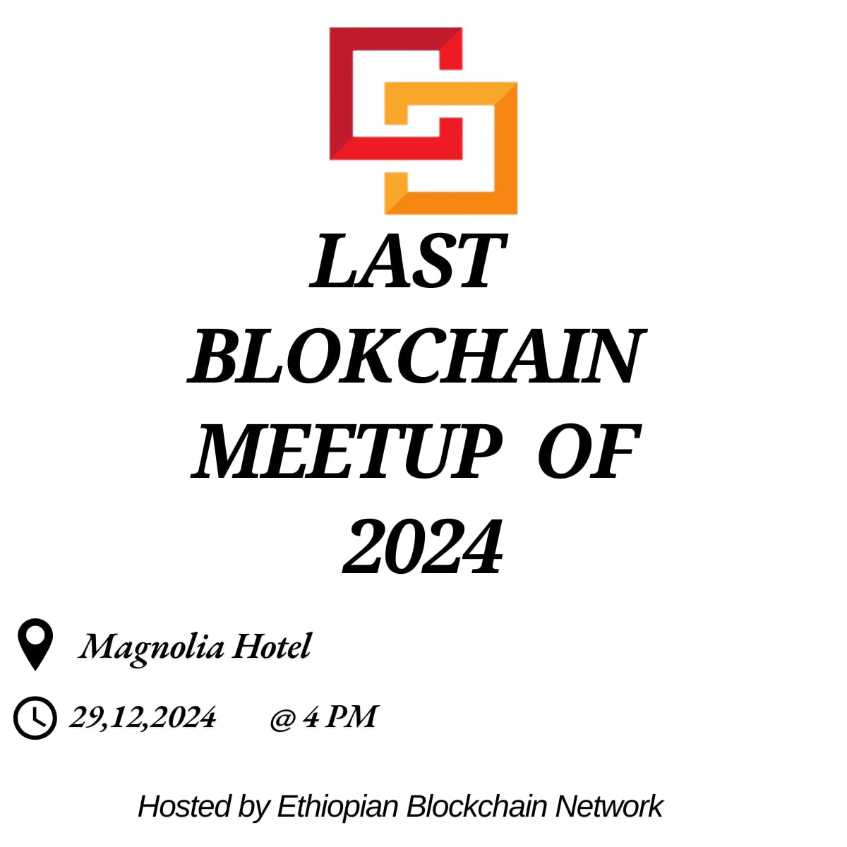 Hey everyone,
Get ready to wrap up 2024 with the last blockchain meetup of the year.
Join us at the Magnolia Hotel on Sunday, December 29th at 4:00 PM.
meet new people &amp; have some fun while exploring the latest trends &amp; innovations in the blockchain space
t.me/EthiopianBlock…