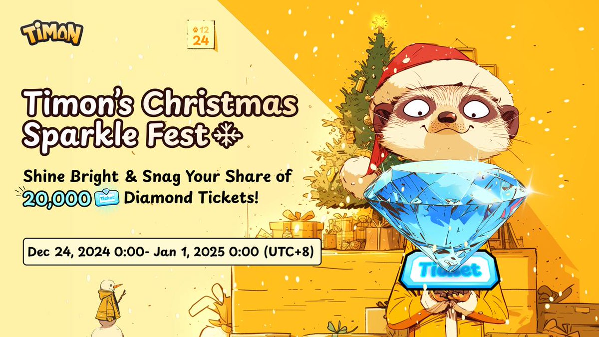 TimonFun's tweet photo. Merry Christmas, Timoners! 🎄🧦

Santa Timon is here with a bag full of 20,000 Diamond Tickets 🎫 for all of you to share! 👋

🗓 Dec 24, 2024 0:00- Jan 1, 2025 0:00 (UTC+8)

🎄Timon's Share Your Sparkle event:

1️⃣ Post your favorite Timon moment, rewards, or even your wildest Christmas wish for Timon on X! ☃️
2️⃣ Tag @TimonFun on X & use the hashtag #TimonBTCGateway 
3️⃣ Last, submit your post link: https://t.co/h3ZlmCRWWW

Let’s make this a Christmas to remember. 🐾💛
