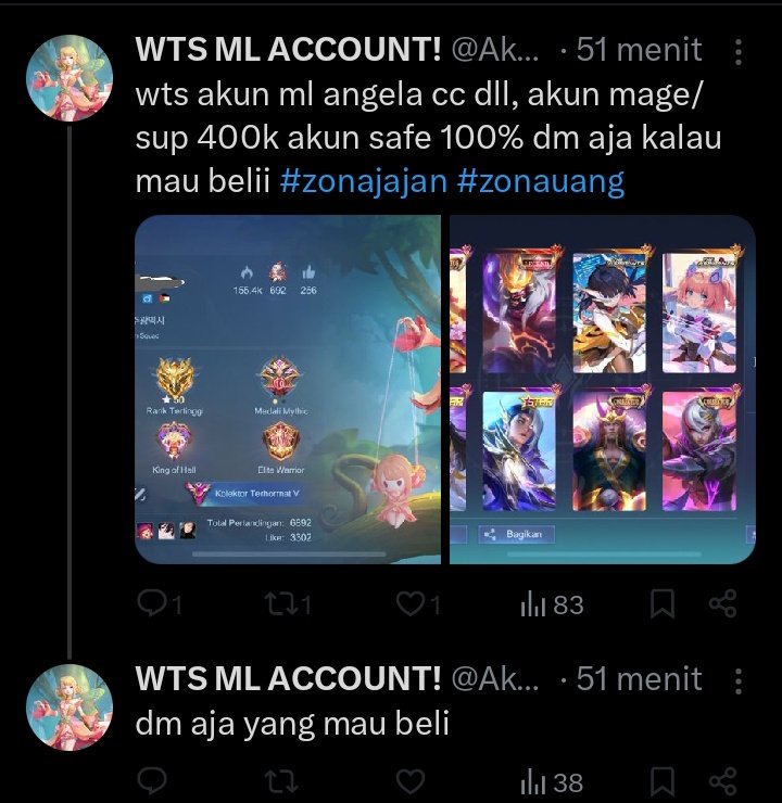 lectuniel's tweet photo. Akun jelek jangan dibeli, scammer lagi cari mangsa. @AkunMl88419 

#zonaba #zonauang #zonajajan wtb wts akun ml penipuan akun ml https://t.co/9yB3XMmn4m