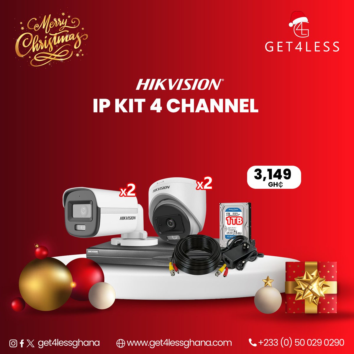 Get4lessGhana's tweet photo. Upgrade your security this Christmas with Hikvision 2MP ColorVu cameras featuring audio
and vivid clarity! Choose from complete sets with DVR/NVR, cables, and 1TB HDD at G4L.🐍
✨#Get4LessGhana #HIKVISION #Cameras #ColorVU #HomeSecurity #AdvancedSecurity #CCTV
#onlineshopping https://t.co/LonZc6pjXQ