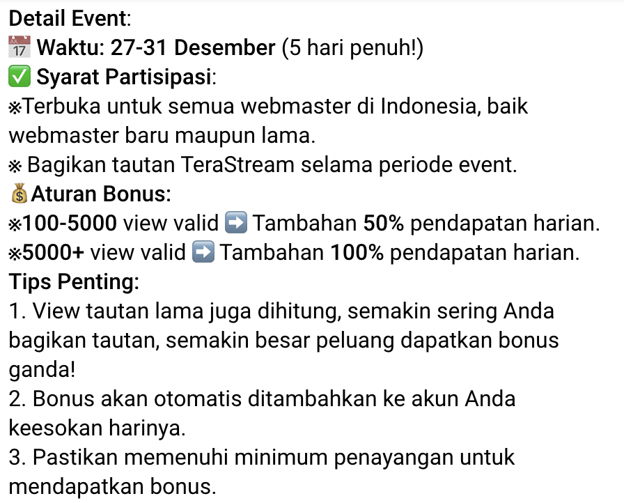 TeraStream_'s tweet photo. Halo! Para Webmaster, Kabar baik!
Event Penghasilan X2 TeraStream akan segera dimulai! 🎉
Event ini diperpanjang hingga 5 hari, eksklusif untuk webmaster Indonesia!
Ayo manfaatkan kesempatan ini untuk menyambut tahun baru dengan lebih banyak pendapatan!
https://t.co/wZIi6Bbbzf https://t.co/qr6MPWgi8q