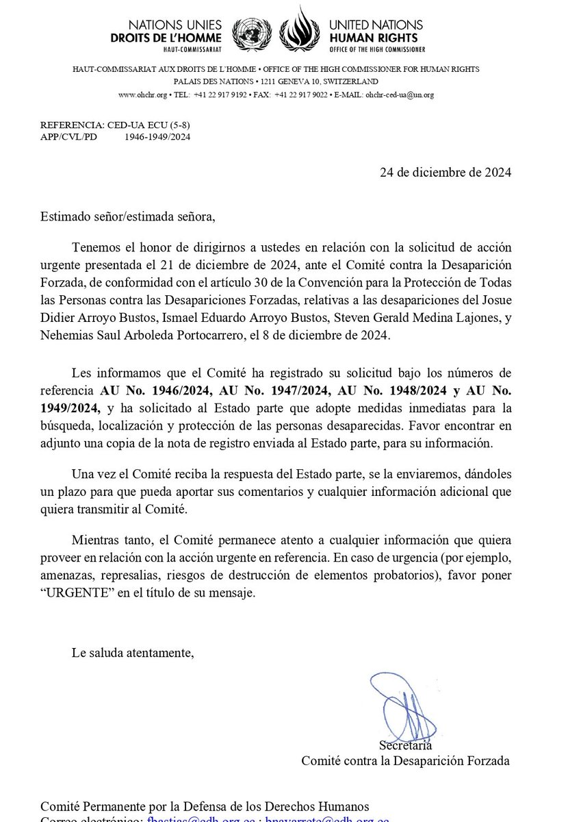 📢#URGENTE Comité de Desapariciones Forzadas de la <a href="/ONU_es/">Naciones Unidas</a>   dicta medidas de acción urgente en el caso de #LosCuatroDeGuayaquilEcuador y dicta #MedidasCautelares en favor de los familiares de Ismael, Steven, Saúl y Josué.

El Comité estableció las siguientes acciones: