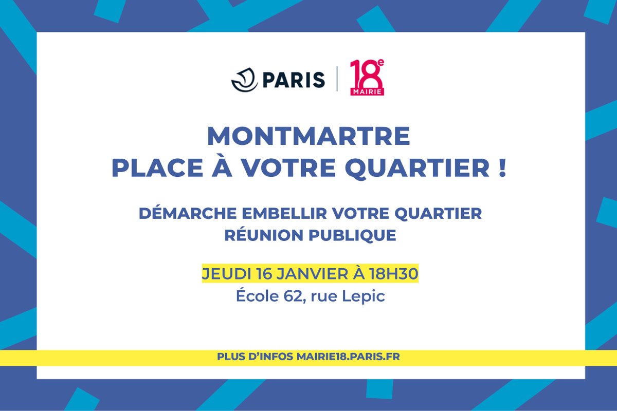 Le jeudi 16 janvier à 18h30 à l'école du 62, rue Lepic une réunion publique est organisée pour présenter aux habitant.e.s le projet de réaménagement de la place Jean-Baptiste Clément et la démarche de piétonisation de la Butte Montmartre ⬇
mairie18.paris.fr/pages/embellir…