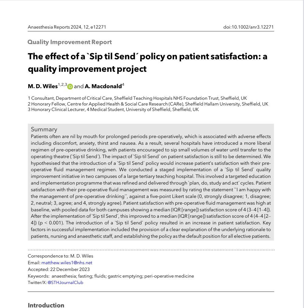 Anaes_Reports's tweet photo. 🥇🥇Our most read article of 2024 🥇🥇

The effect of a ‘Sip til Send’ policy on patient satisfaction: a quality improvement project

https://t.co/3lL6lKkMey

Congratulations, this is a well-deserved first place.

@STHJournalClub

#siptilsend #anaesthesia #anesthesia #FOAMEd https://t.co/QboR0cllXj