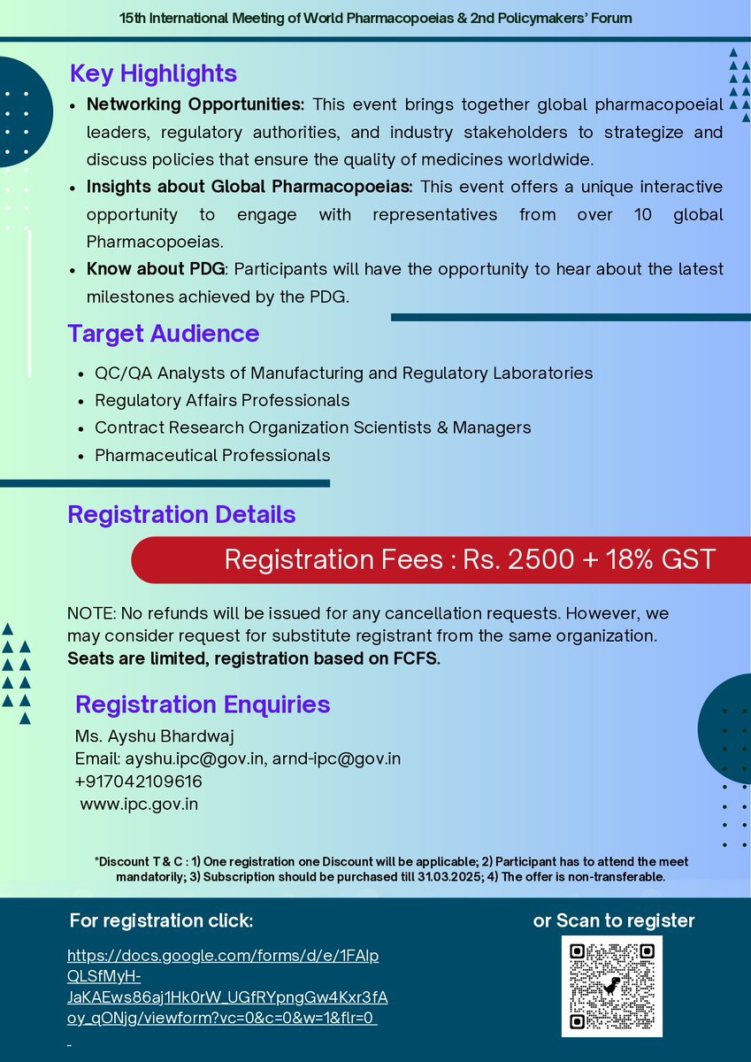 Join us for the 15th International Meeting of World Pharmacopoeias (IMWP) &amp; 2nd Policymakers’ Forum Stakeholders' Meet!

Date: 5th Feb 2025
Venue: Dr. Ambedkar International Centre, Delhi
Register by: 20th Jan 2025

Link: docs.google.com/forms/d/1-Q654…