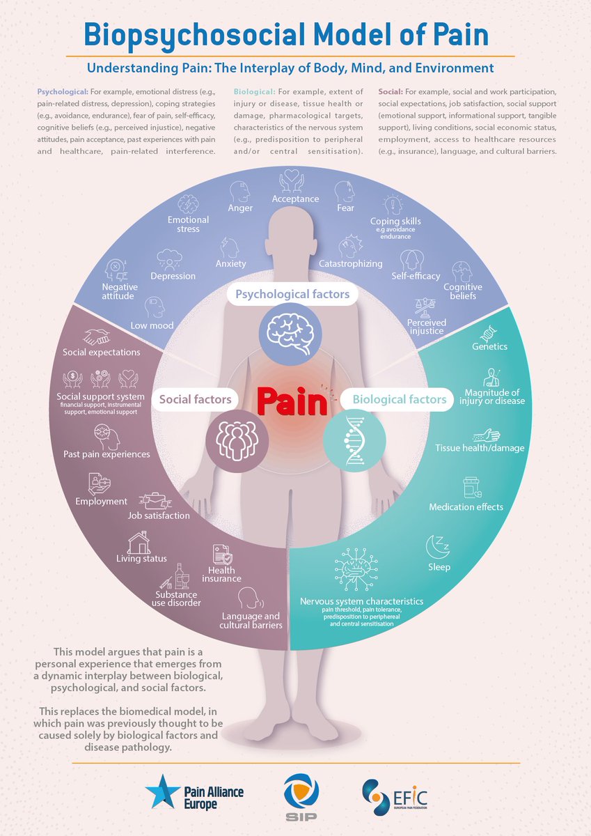 Sedolor's tweet photo. INFOGRAFÍA de @SIP_PainPolicy de @efic_org
🔸Modelo biopsicosocial del dolor
👉Comprender el dolor: la interacción del cuerpo, la mente y el entorno
#DolorCrónico #Biopsicosocial https://t.co/IesmOBVFRX