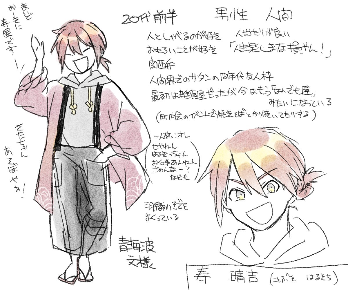 #サタ召

【キャラクター紹介⑤】
寿 晴吉

サタンの友人
関西弁の気のいい兄ちゃん
商店「寿屋」の店主
サタンを「沙汰ちゃん」と呼び、親しげに話しかける。
晴吉は一人暮らしだが、実は寿屋にはもうひとりいるようで…? 